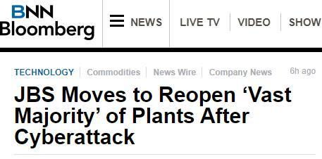 美媒 遭黑客攻擊的肉類加工商jbs停業工廠或將于6月2日恢復生產